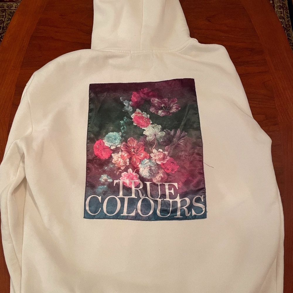 Urban Outfitters "True Colours" Floral Hoodie sz M White w/ satin appliqué EUC